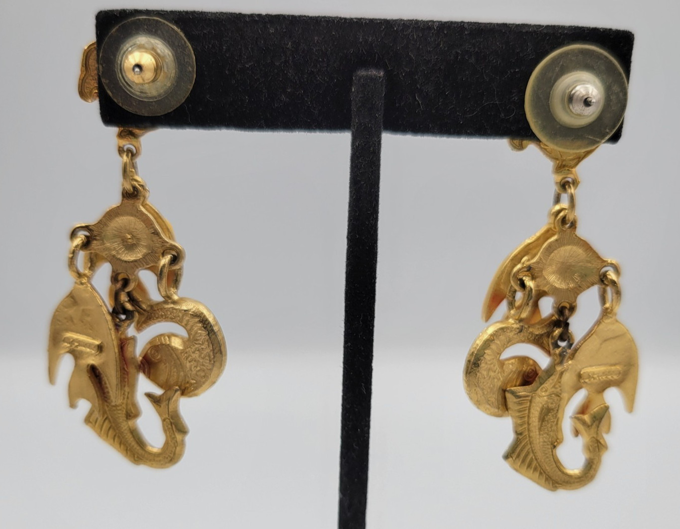 Vintage Don-Lin Enamel Tropical Fish Dangle Drop Earrings Pierced Gold Tone
