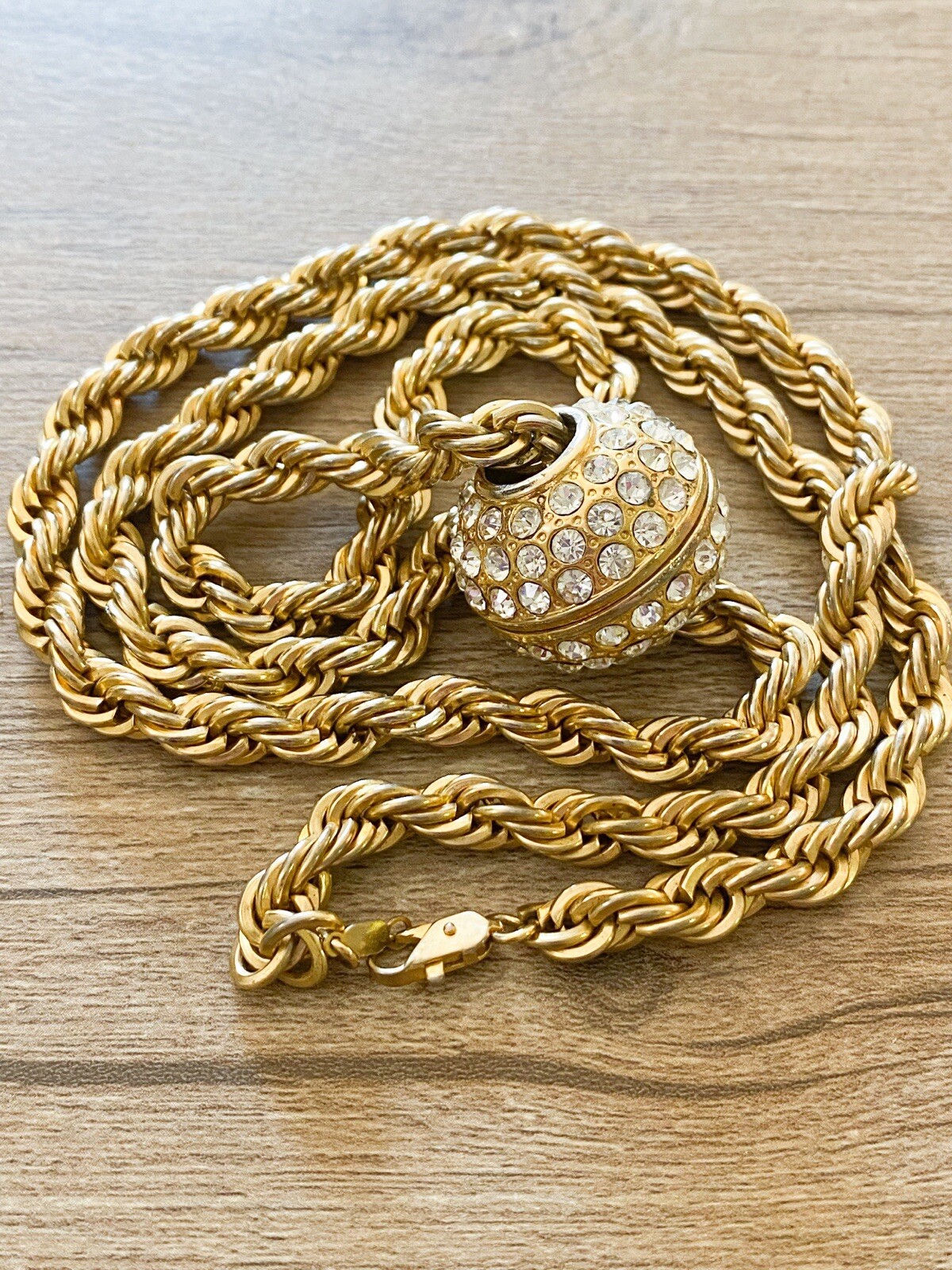 VTG Heavy 14K Gold Plated Rope Chain Crystal Pave Slide Ball Enhancer Necklace