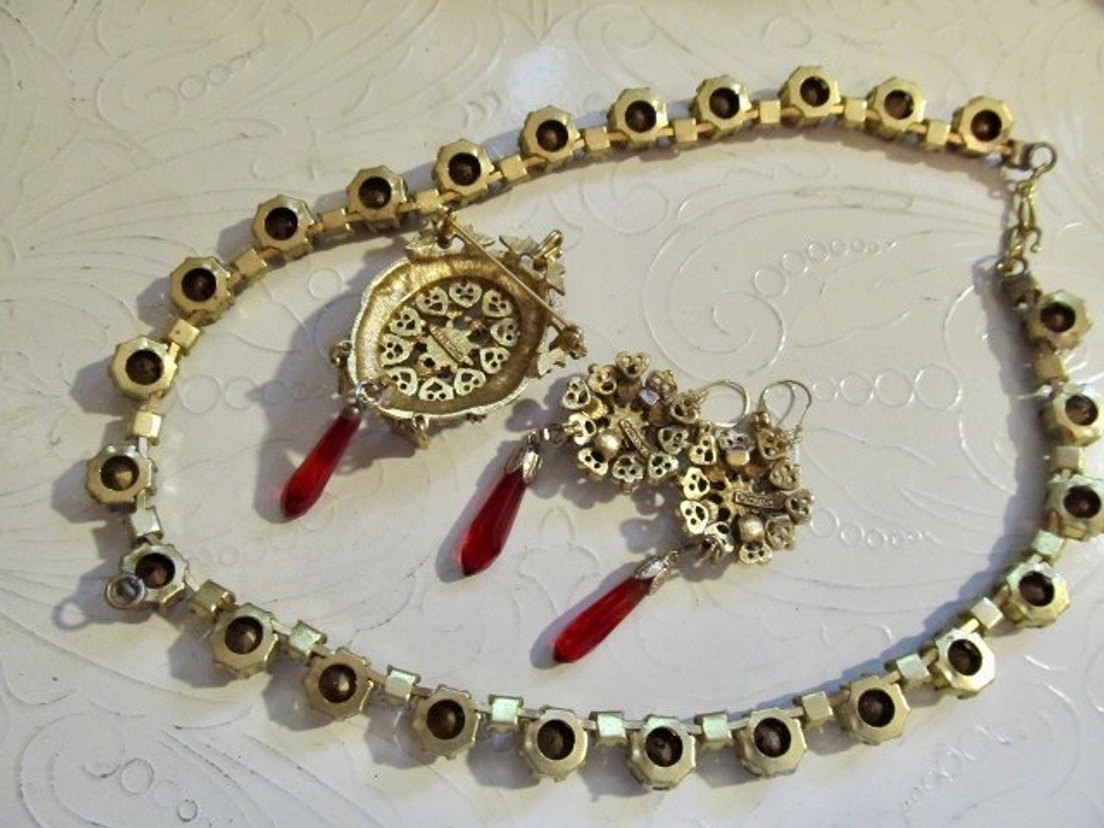 VtG FLORENZA Faux Garnets & Pearl Necklace Pin/Pendant and Bracelet SET Restored