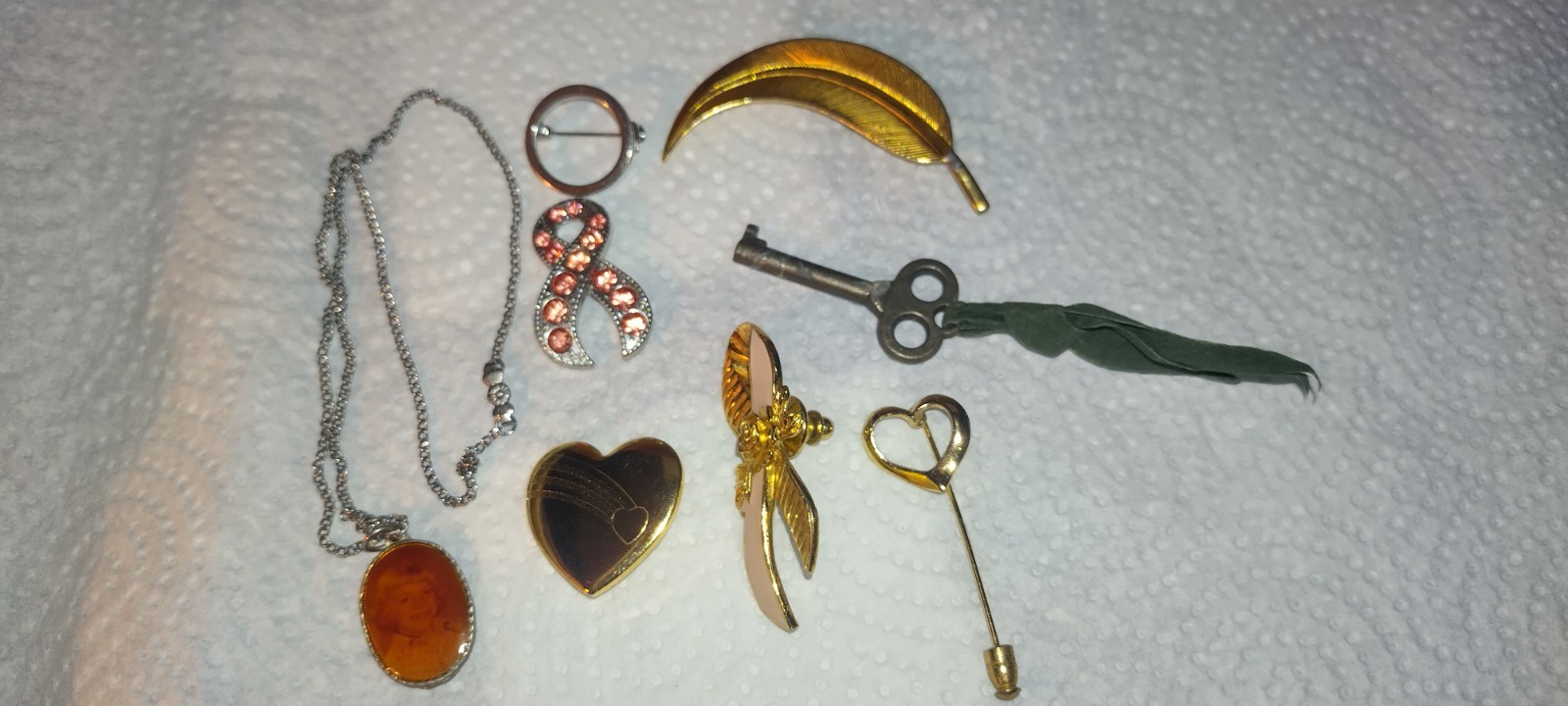 Vintage Lot Of 8 Brooches Pins Necklace Key Etc. 1 Avon And 1 Variety