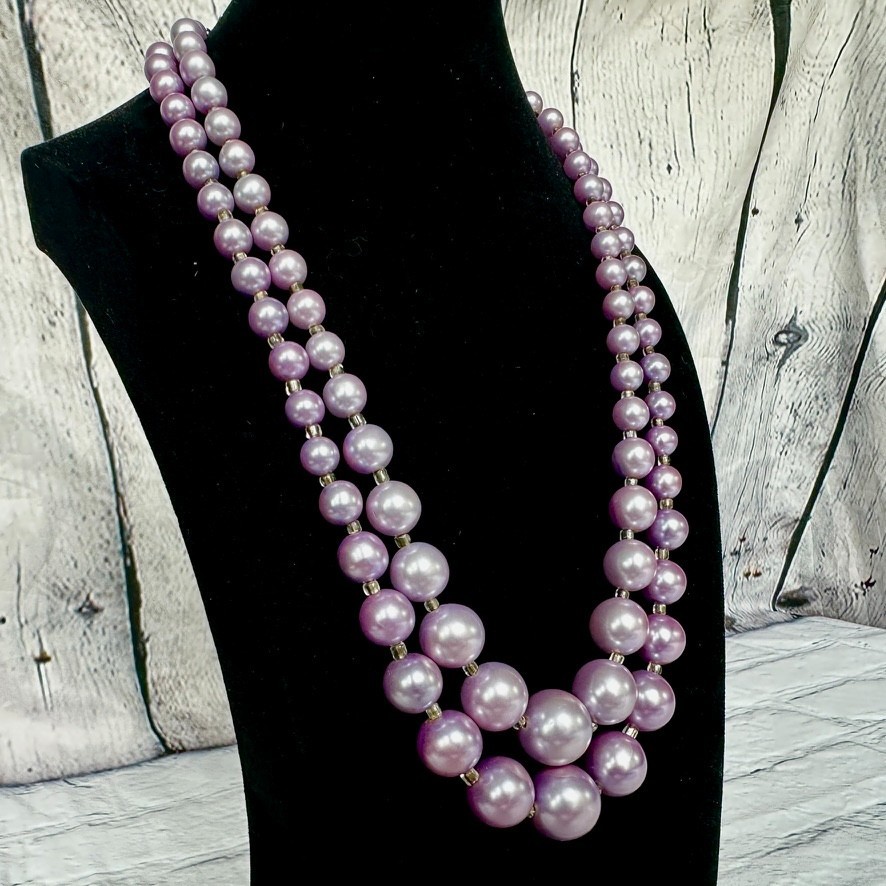 VTG Japan Lavender Purple Double Strand Beaded Necklace Graduated Faux Pearl