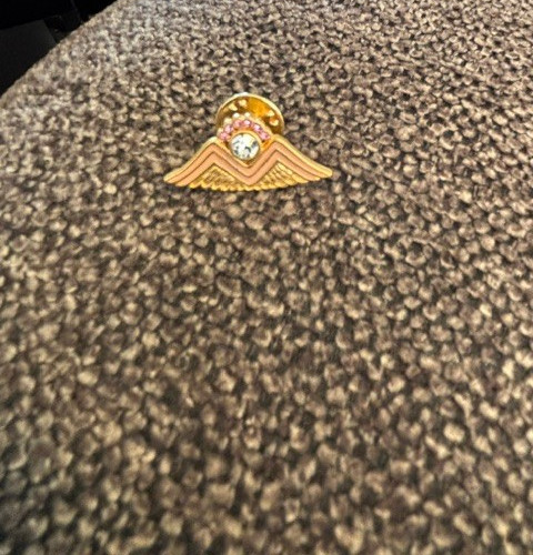 Vintage Pink Wing Lapel Pin Signed T&T Gold Toned with white and pink rhinestone
