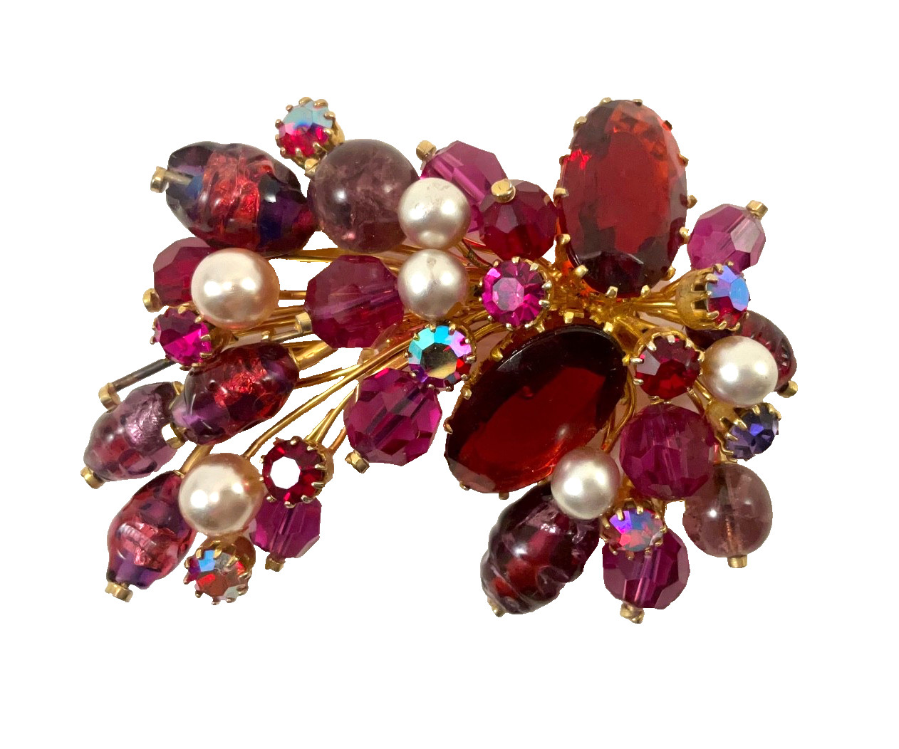 KRAMER AUSTRIAN Raised 3” Purple Spray Faux Pearls Vintage Signed BROOCH #643B