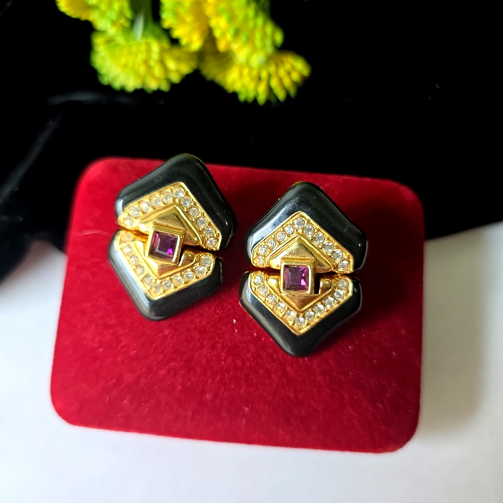 Vintage Swarovski Swan Mark Gold Tone Hinged Pierced Earrings