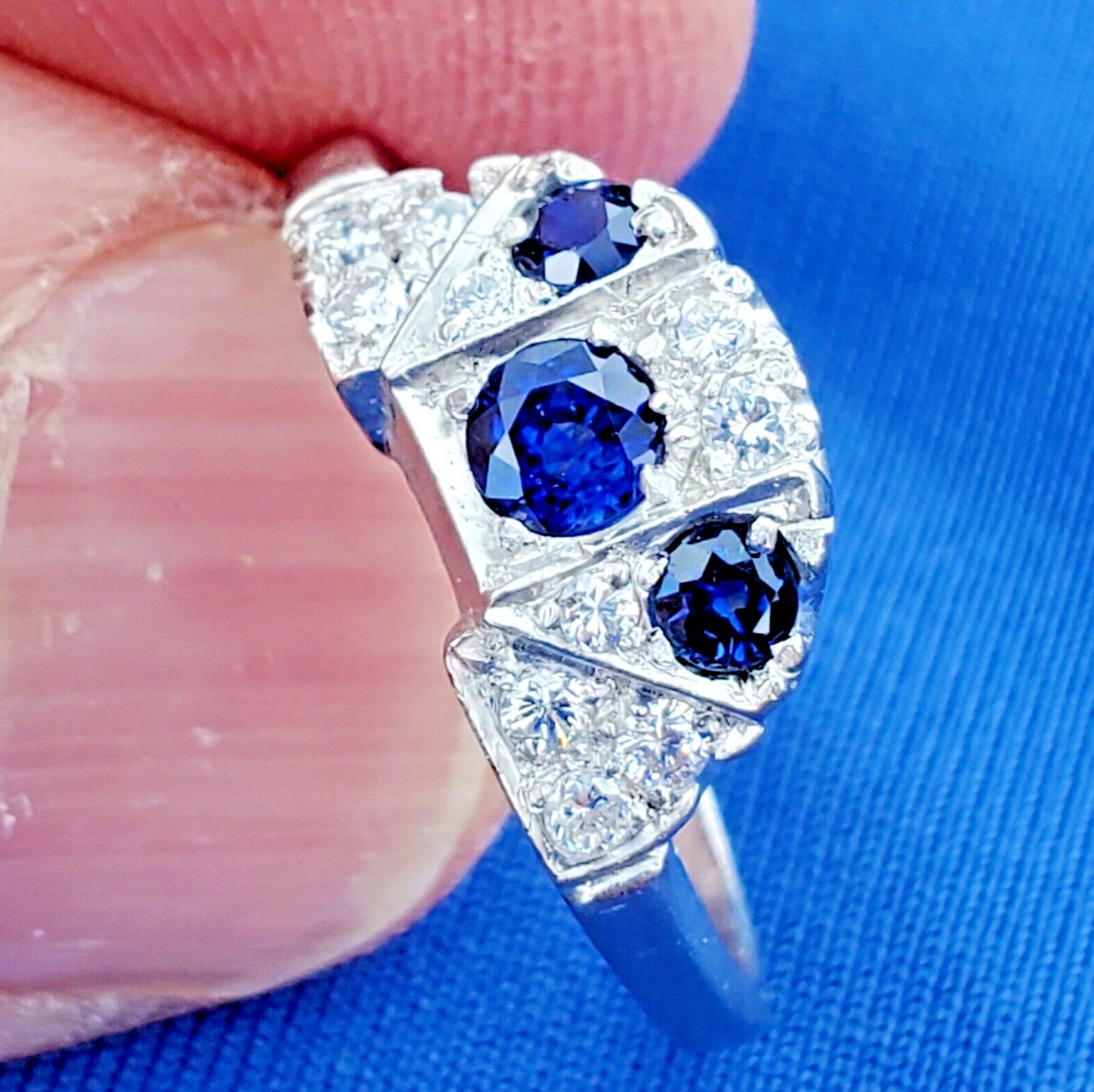 EARTH MINED SAPPHIRE DIAMON Deco Wedding Band Unique Vintage SOLID PLATINUM Ring