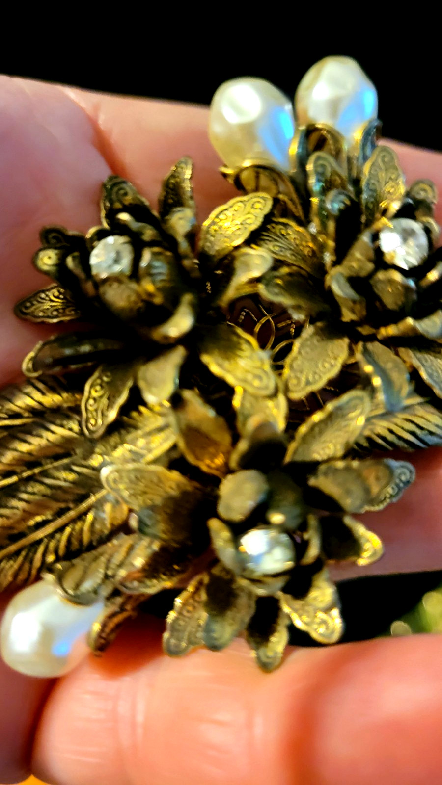 Vintage bronze color metal brooch pin, faux pearls and rhinestones, 2+3/4″ by 2″