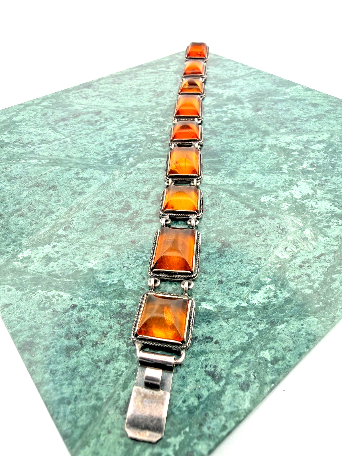 925 Sterling Silver Vintage Multiple Honey Amber Square Link Bracelet 9 stone