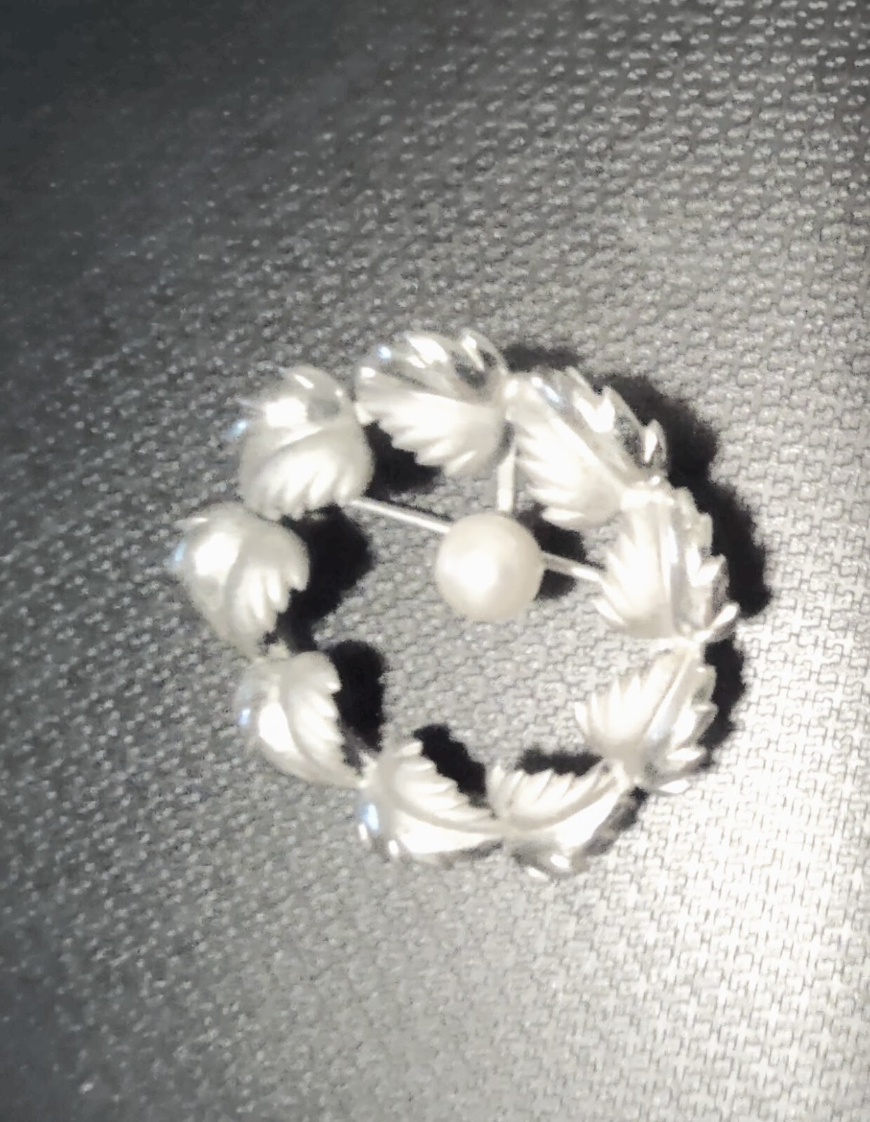 vintage round sterling silver faux pearl pin 1.25″ diameter  filigree leaf motif