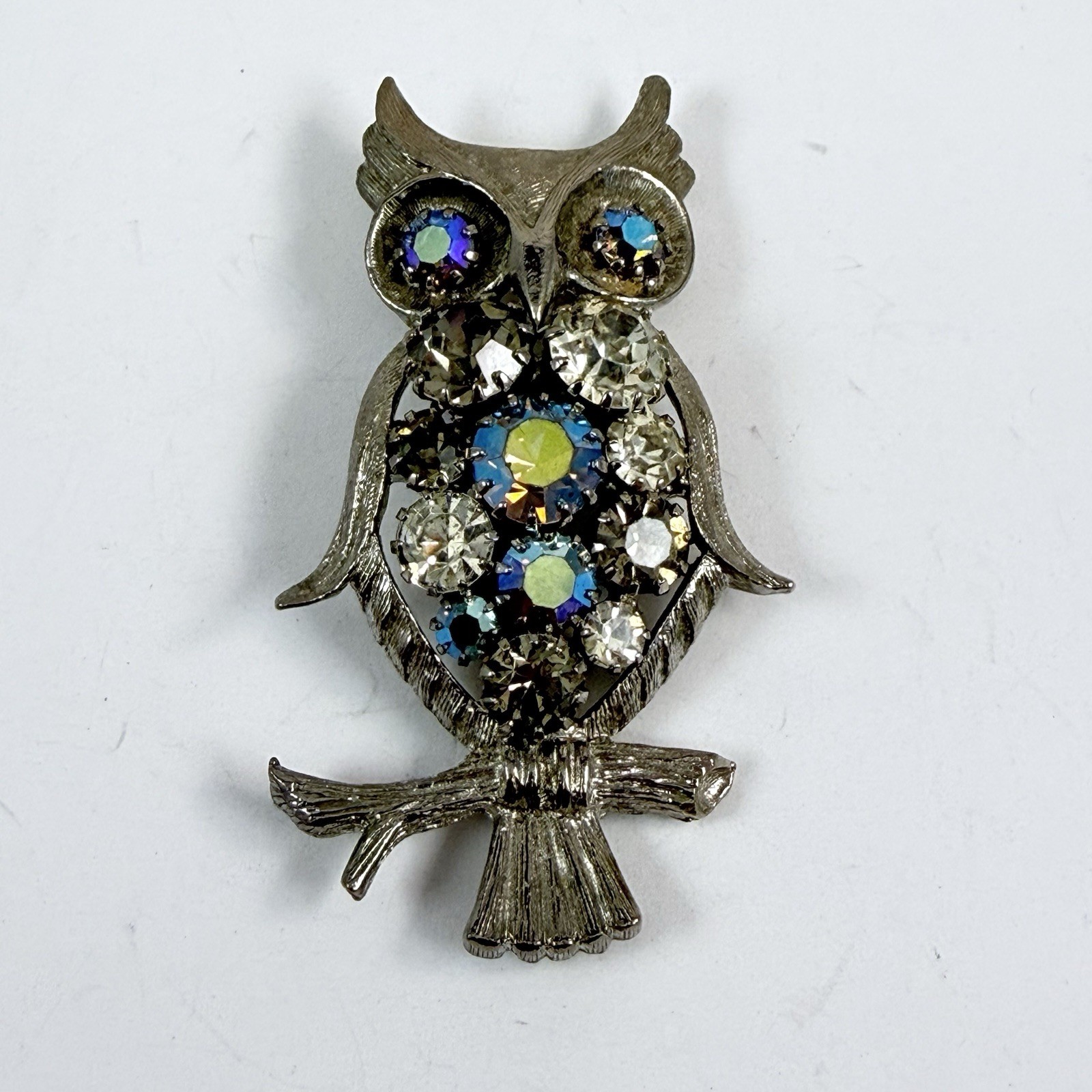 Vintage Sparkly AB Rhinestone Silver Tone Owl Brooch