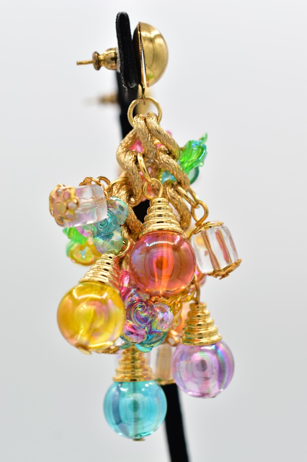 Vintage Ornament Beaded Dangle Earrings Chain Multi-Color Lucite Chunky NOS A28