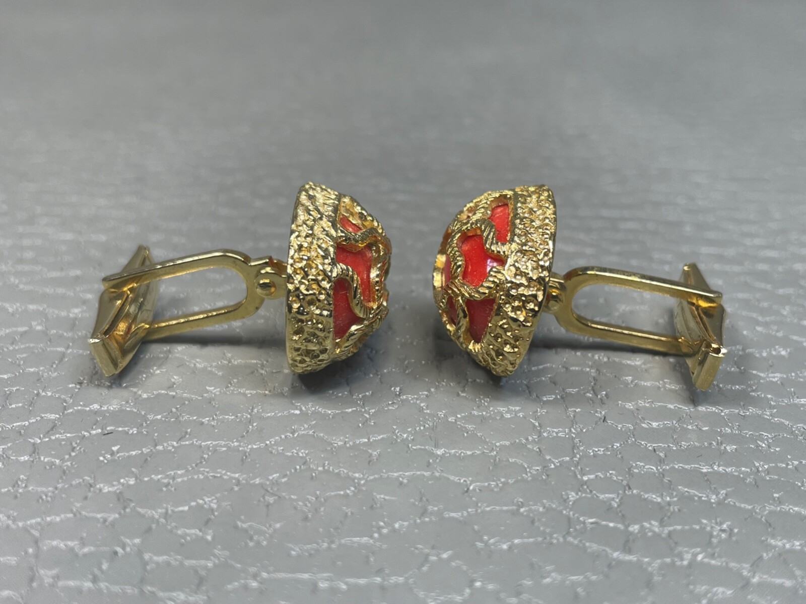 Contemporary Encrusted Orange Stone Yellow Gold Plated Cuff Links
