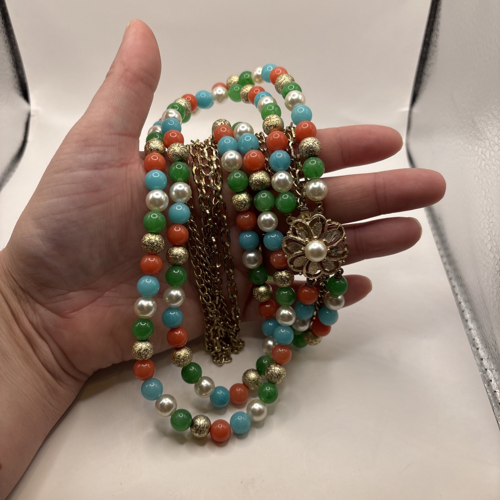Vintage Gold Toned Multi Strand Necklace, Earring, Bracelet Set Multicolored