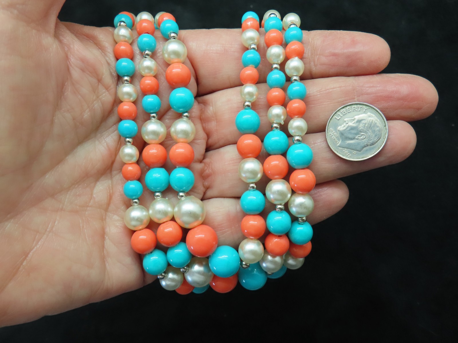 Authentic 1960’s Faux Pearl Faux Turquoise & Faux Coral Bead Necklace