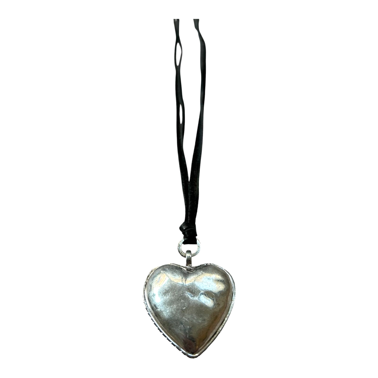 Vintage Silver Tone Heart Locket Necklace Black Leather Boho