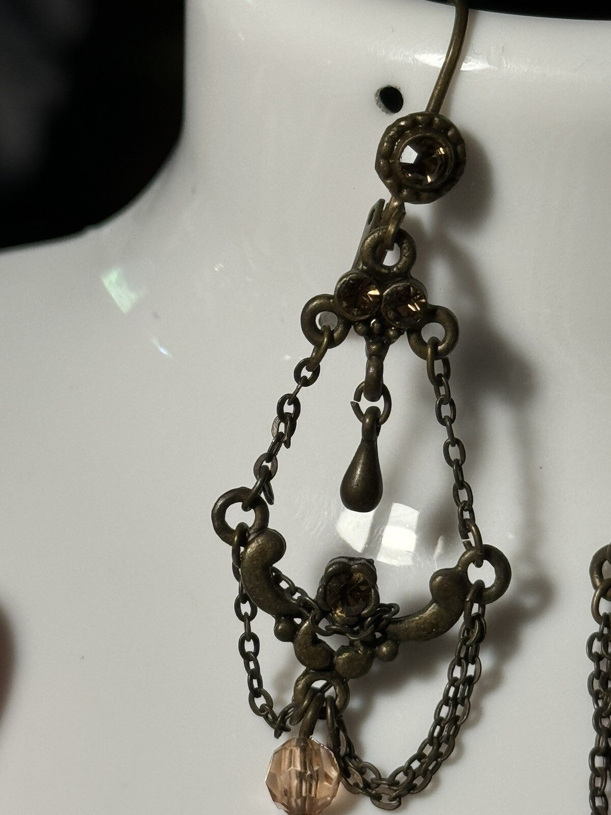 Antique Chandelier Peach Beads Earrings Alloy Metal Self Clasp Beautiful 2inch