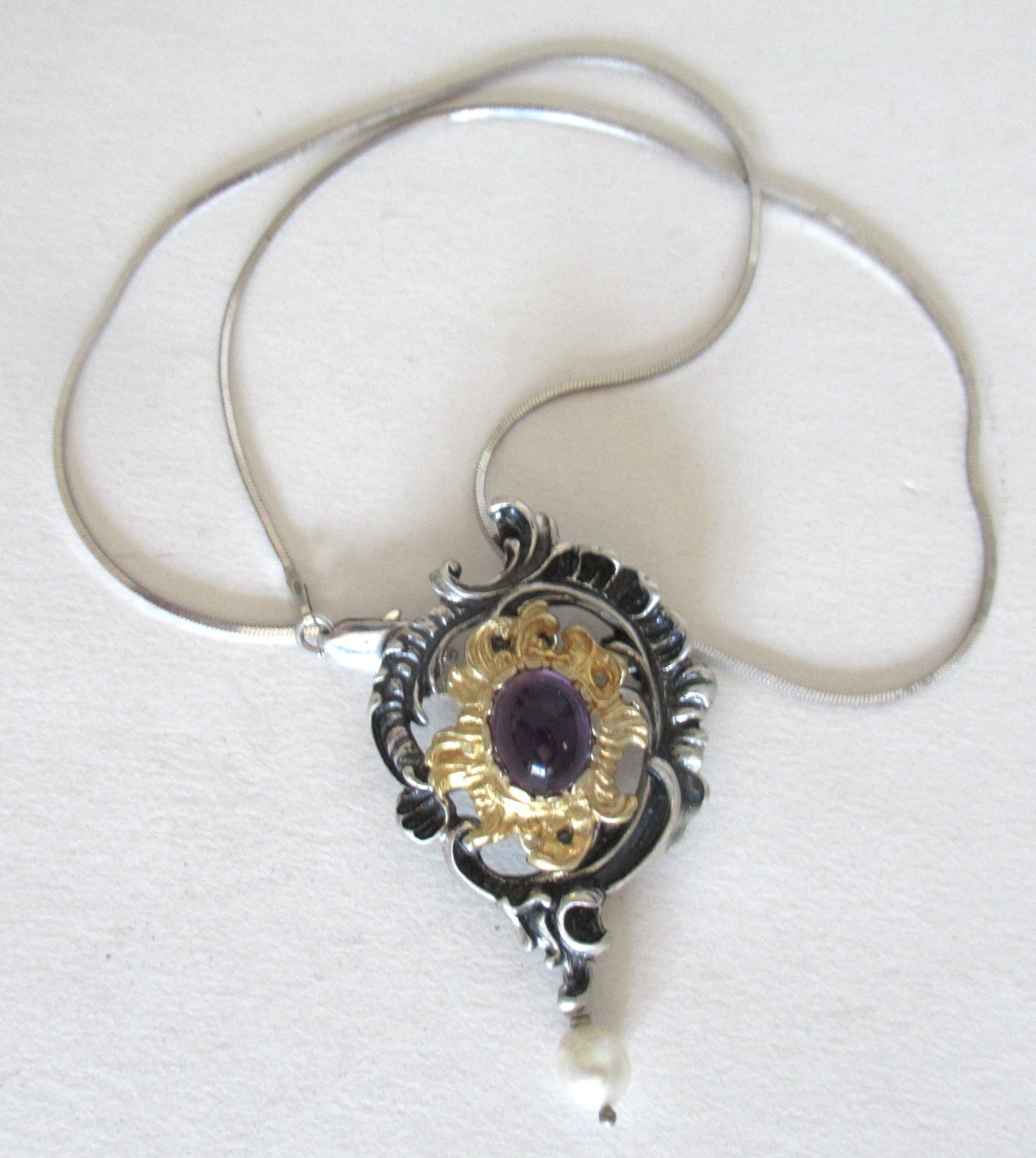 VINTAGE EUROPE 835 STERLING & GOLD PENDANT NECKLACE 2.10 INCHES AMETHYST & PEARL