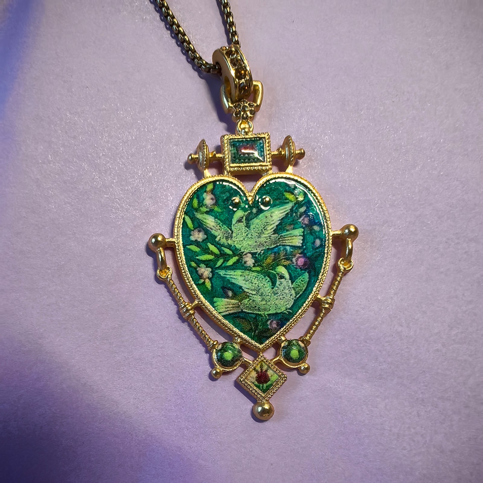 Vintage European Heart Enamel Necklace Unique Dove Inlay Retro Pendant Jewelry