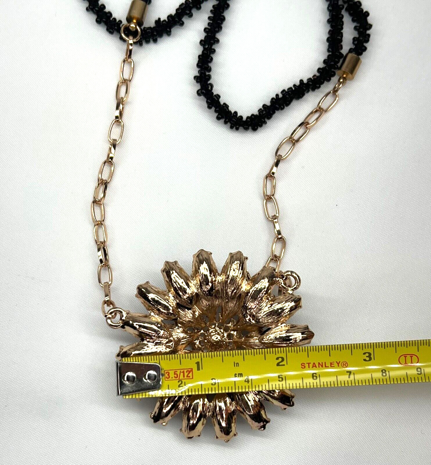 Statement Necklace Black Faceted Lucite and Clear Rhinestone Sunflower Gold-Tone