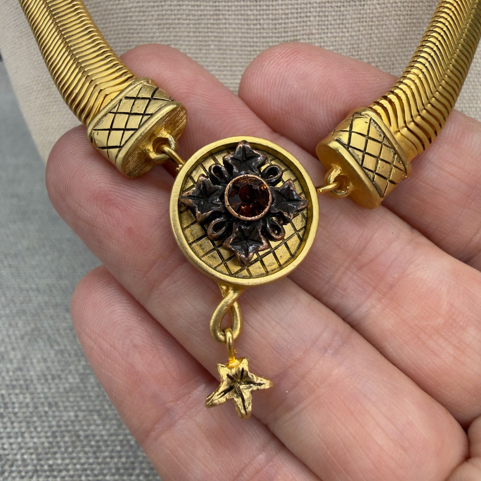 Vintage Necklace Omega Chain Gold Tone Pendant Orange Rhinestone Dangle
