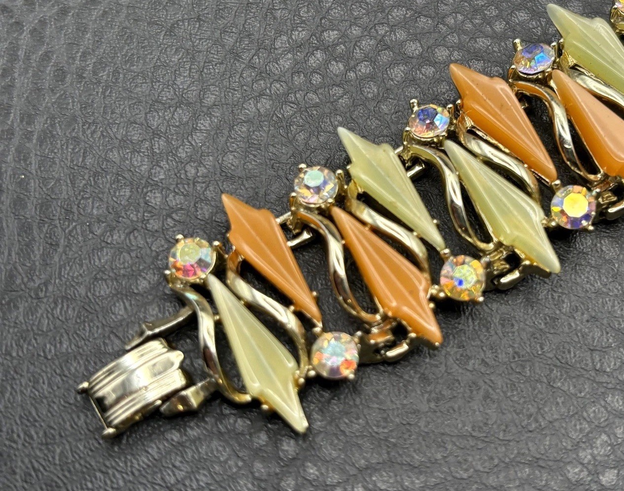 VTG Thermoset Green Orange Leaf Mod Bracelet Aurora Borealis AB Rhinestone