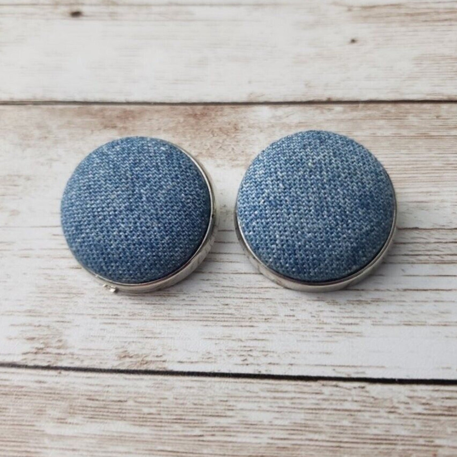 Vintage Clip On Earrings Blue Demin? Circle Silver Tone Button Style 1 & 1/8″