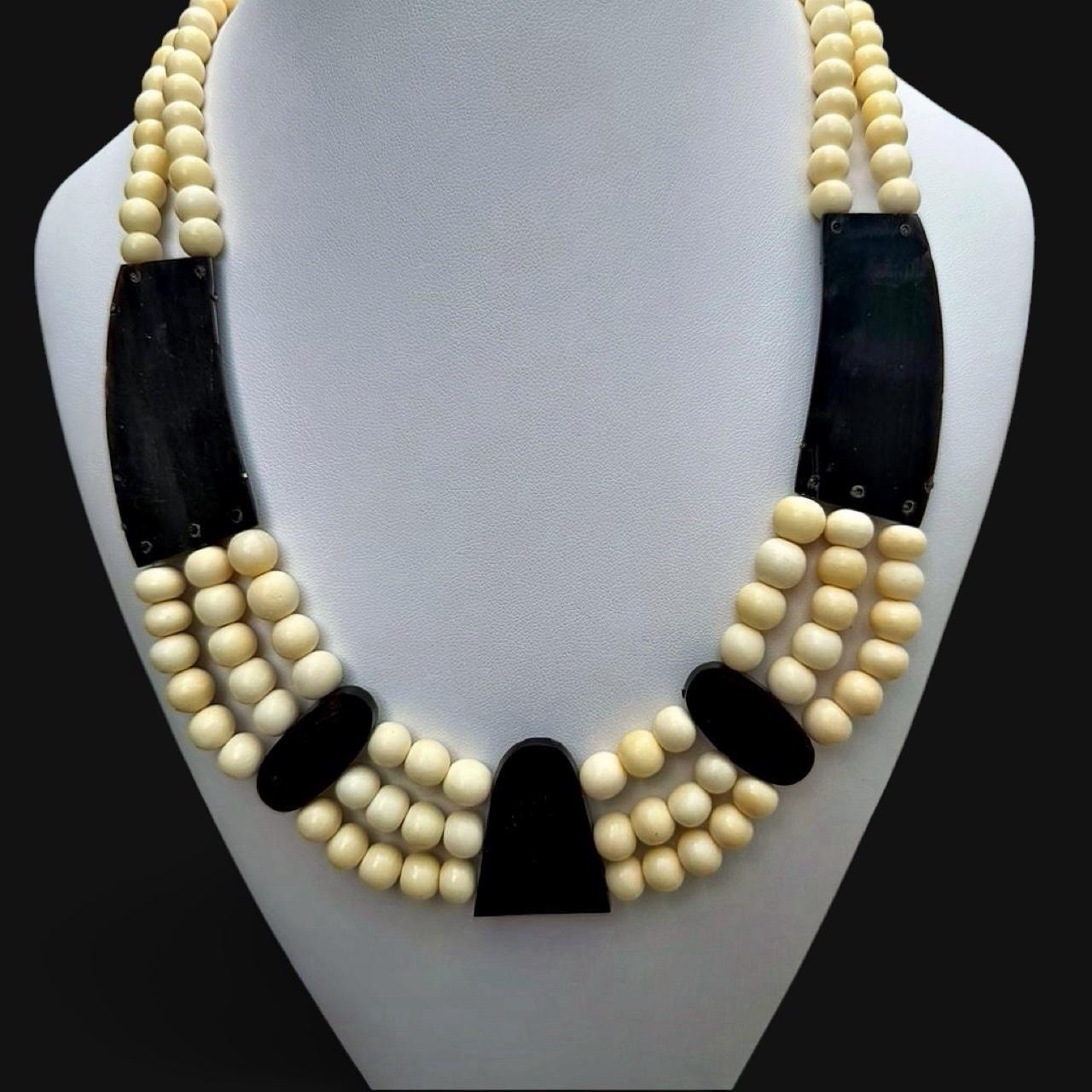 Art Deco Resin Bib Necklace Multi Strand Black Cream Bead Statement