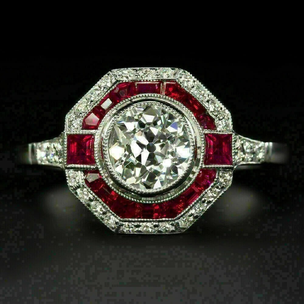 3.8Ct Art Deco Style Lab Created Diamond Ruby Engagement 14K White Gold FN Ring
