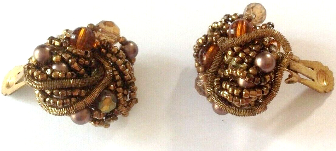 Big ROOT BEER Earrings Vintage Glass Crystal & Seed Bead Clips 1950s