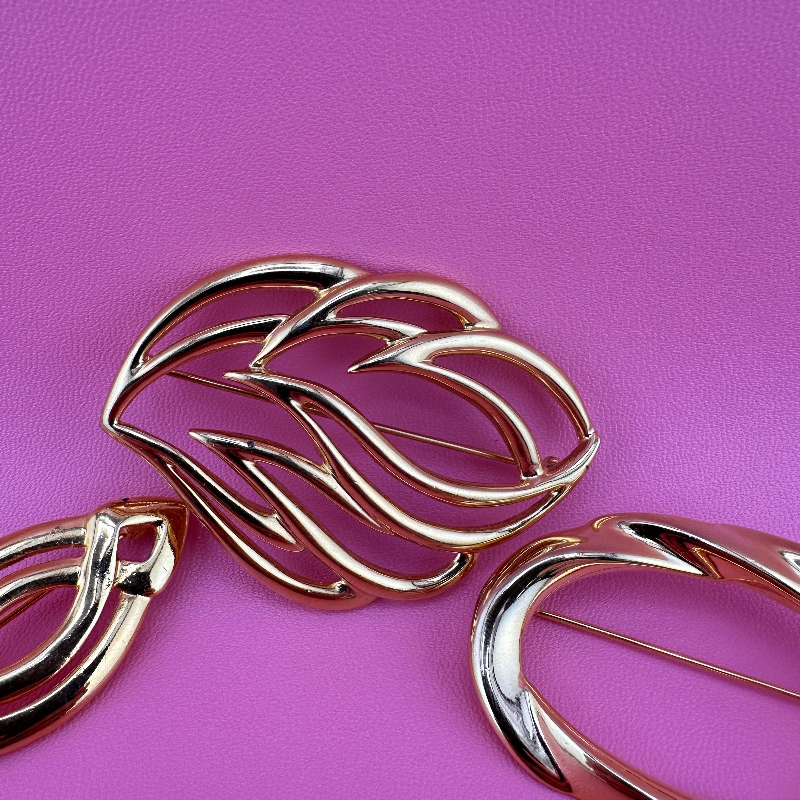 Vintage Brooch Lot Shiny Gold Tone 1990s Open Work Metal Oval Leaf Monet 1990s