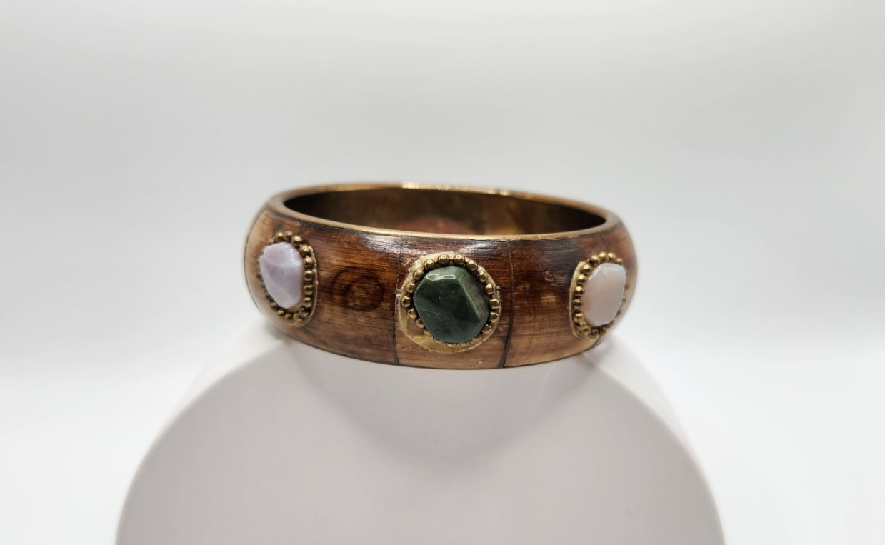Vintage Brass and Bone with gemstones Bangle bracelet