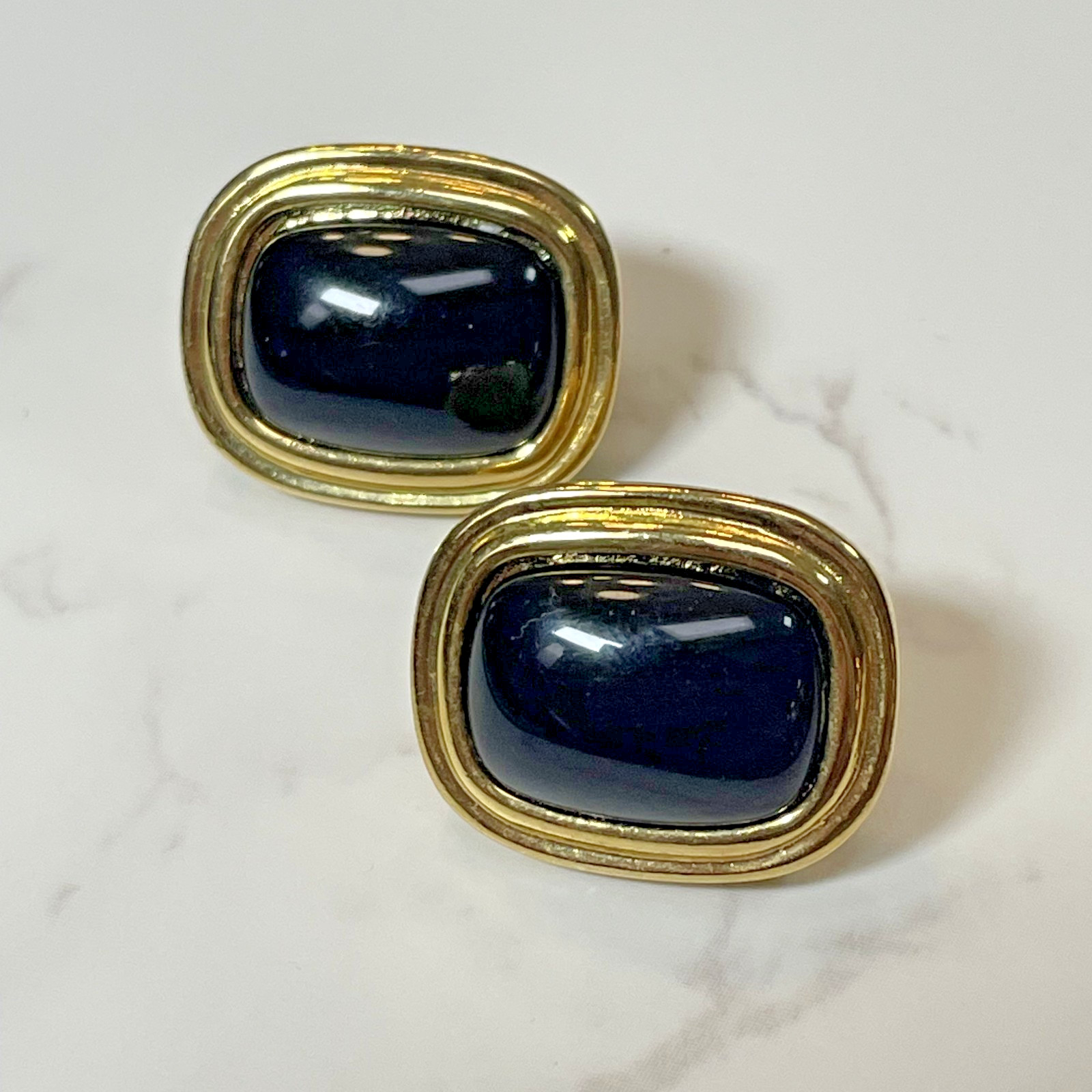 Vintage Trifari Signed Gold Tone & Black Onyx Designer Square Oval Earrings