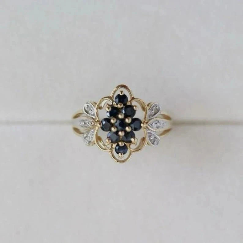 Art Deco Style Sapphire & Lab Created Diamond Engagement 14K Yellow Gold FN Ring