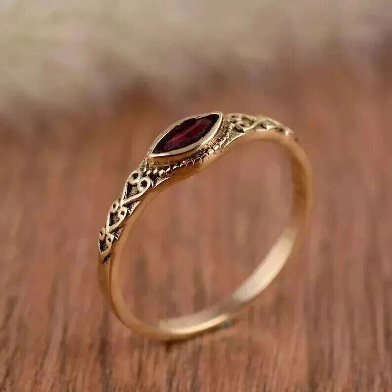 Art Deco 2.50Ct Marquise Lab Created Diamond Red Garnet 14K Yellow Gold FN Ring