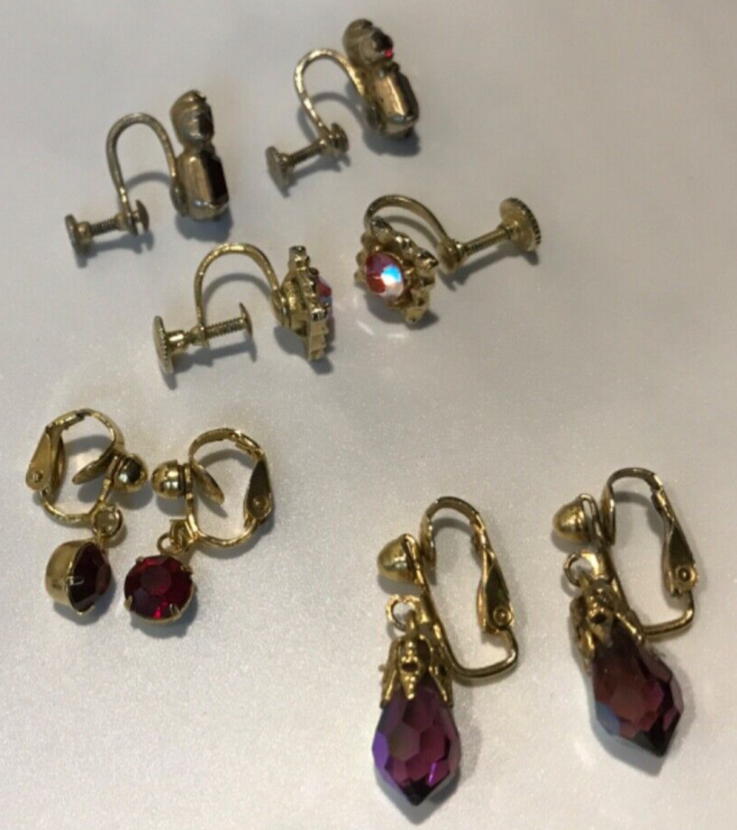 Vintage Gold Tone Rhinestone Clip Screw Back Earrings Lot of 4 Pair