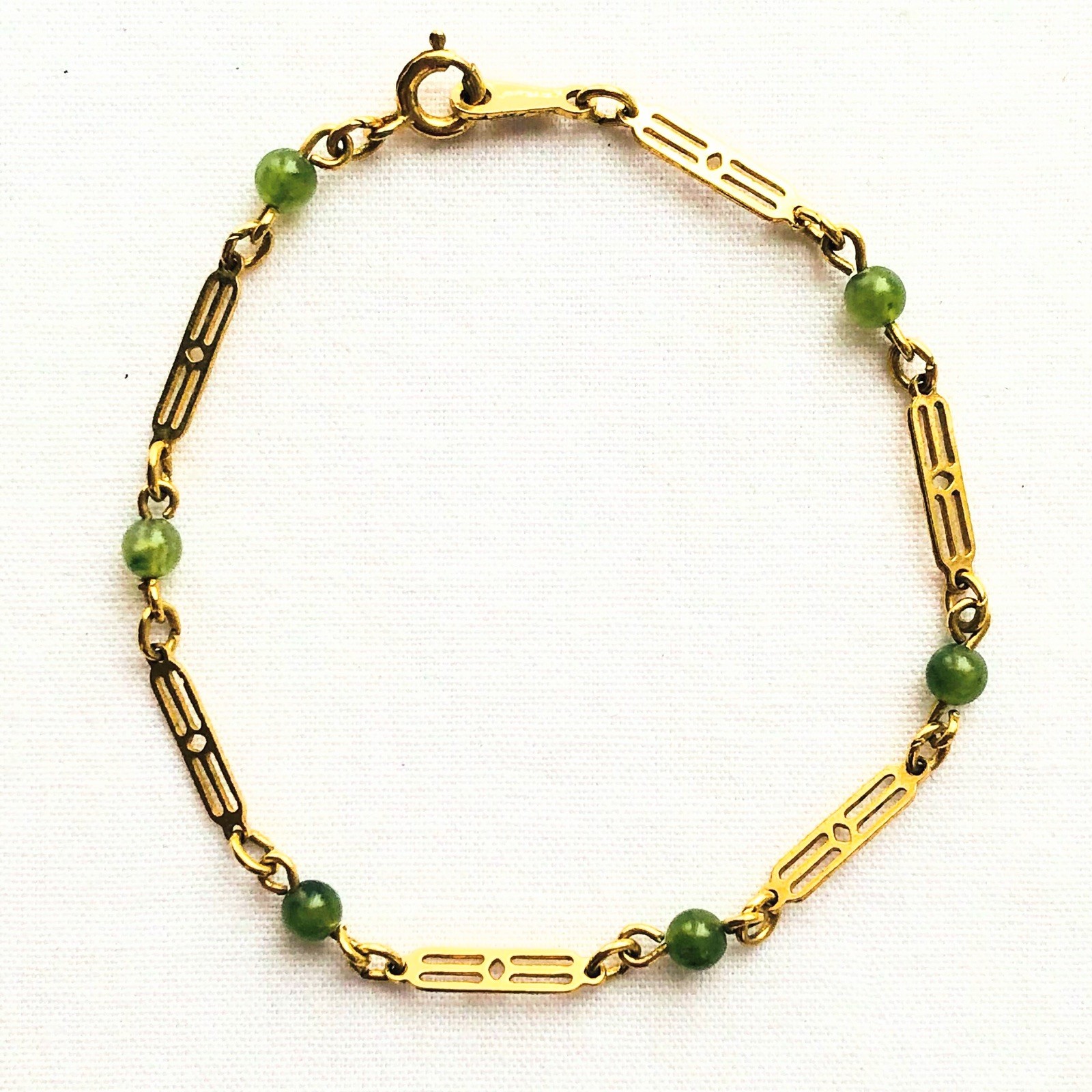 Dainty Faux Jade Panel Link Chain Bracelet Minimalist Signed 70s Jewelry Gift 7”