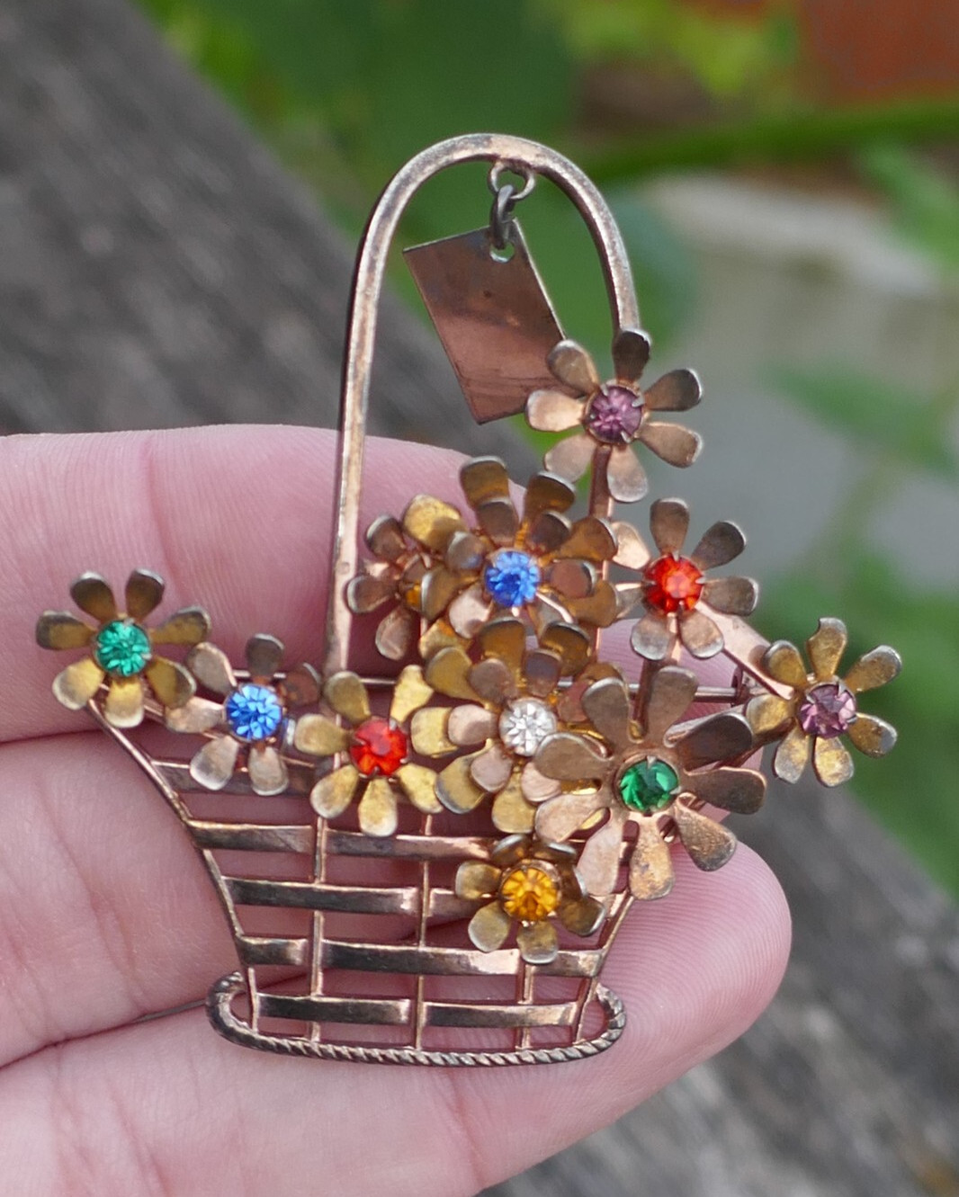 Vintage Designer Jay Kel Vermeiled Sterling & Stone Flower’s In Basket Brooch