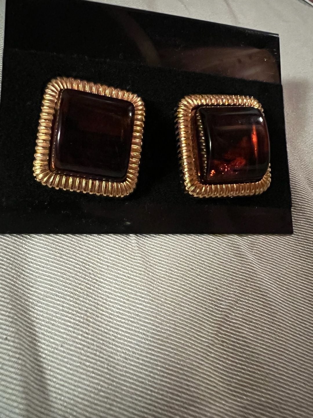 Vintage Gold Earrings Butterscotch Lucite Cabochon Runway Couture Statement