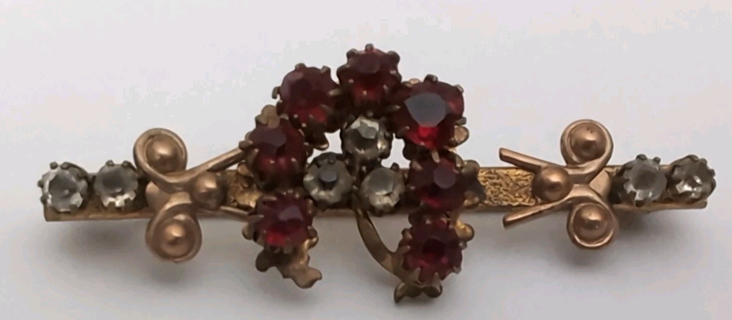 Antique Victorian Gold Filled Red & Clear Stone Horseshoe Clover Pin