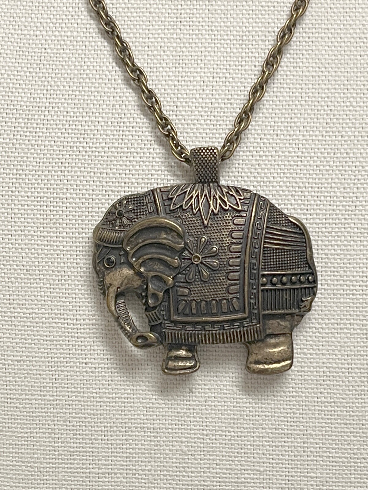 Large Elephant Pendant on Brass Tone Long Chain Vintage