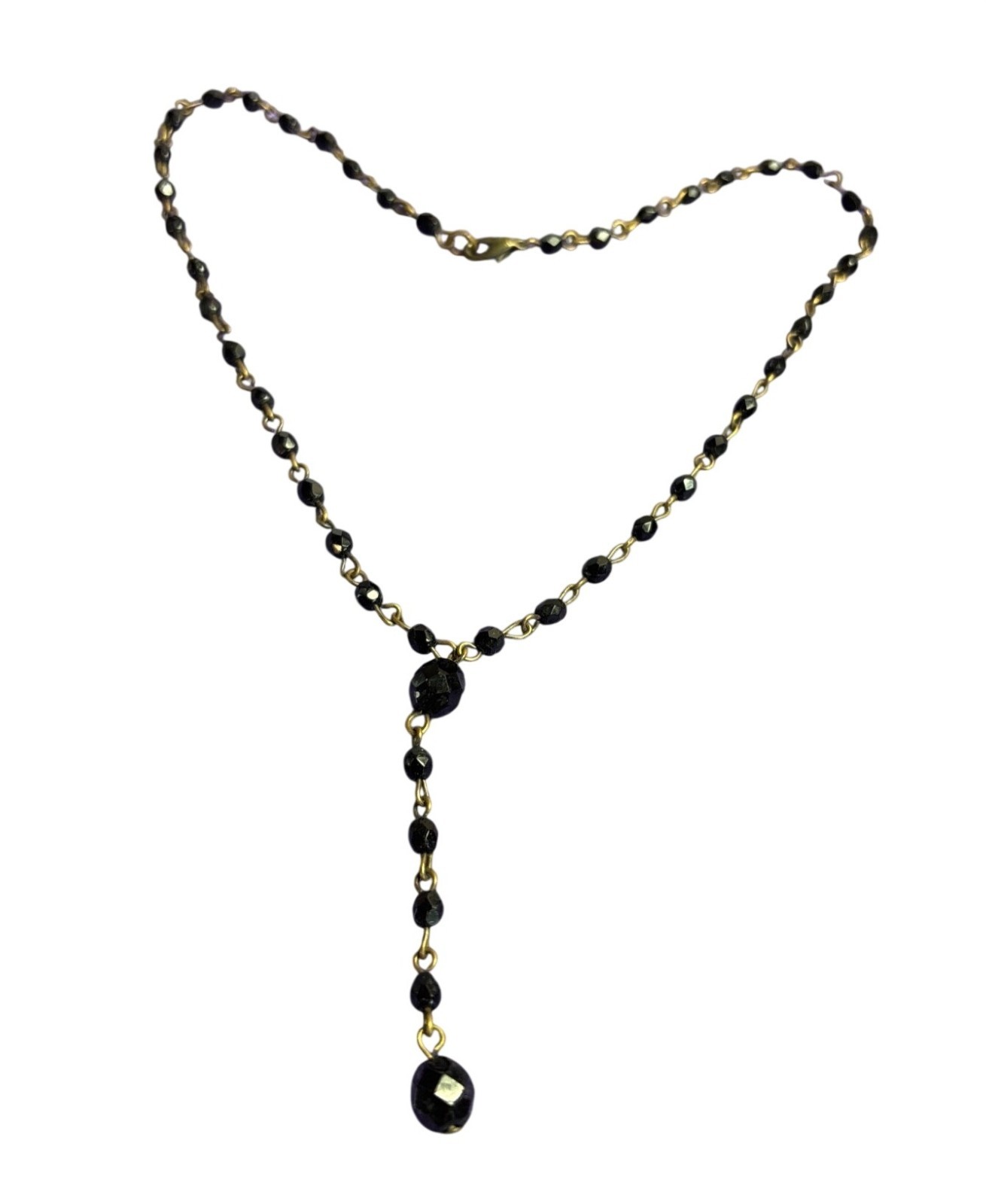 Vtg 90s Y Necklace Black Faceted Glass Beaded Chain Goldtone Lobster Clasp 16 in