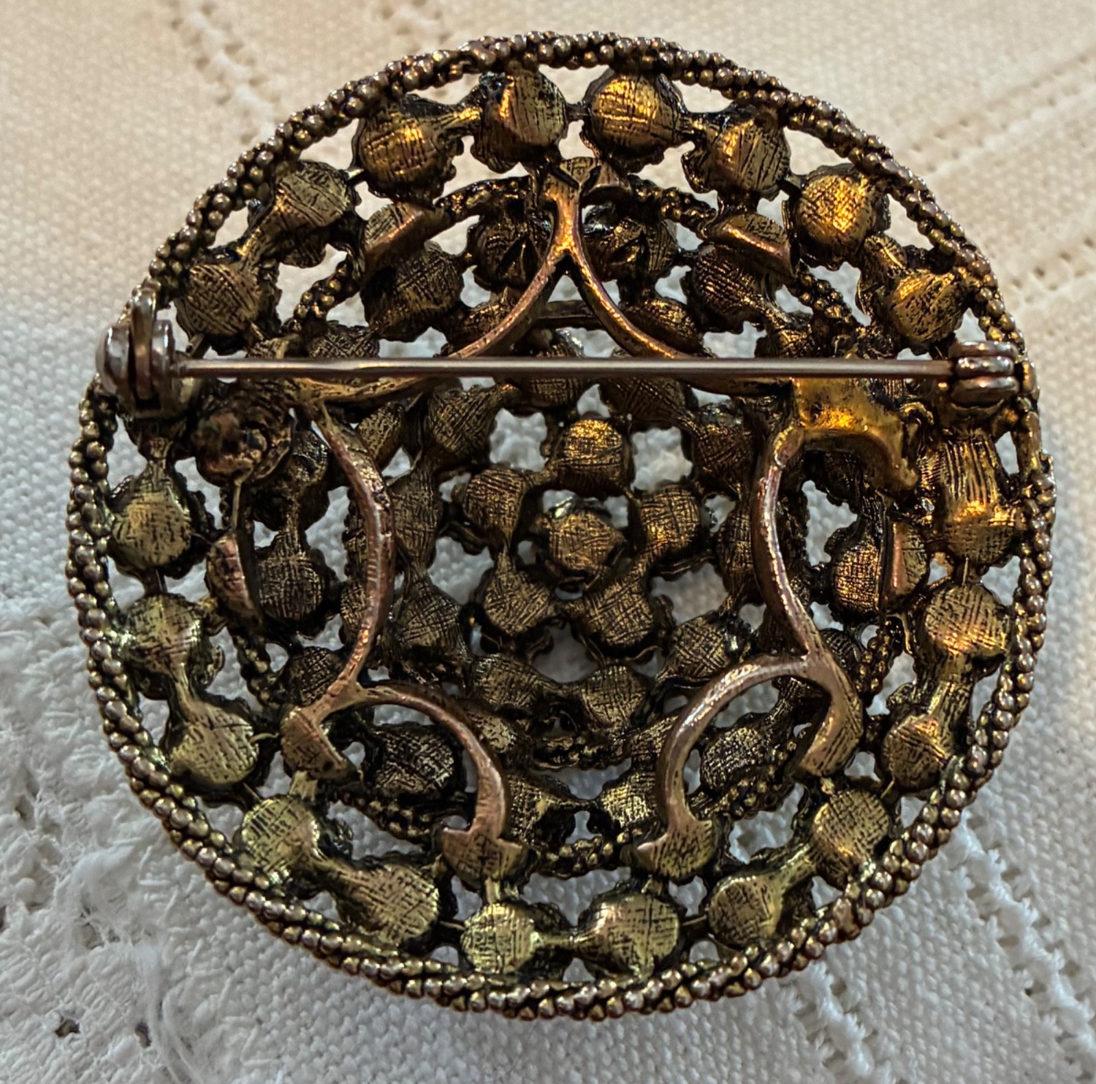 Vintage brooch, domed layered brooch, bronze color, rhinestone PRICE REDUCED