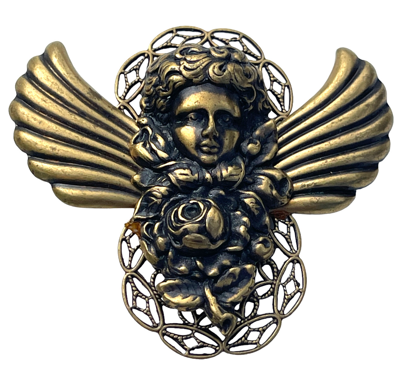 VTG Christmas Angel Brooch Rose Filigree Wings Cabochon Antique Gold Tone Pin