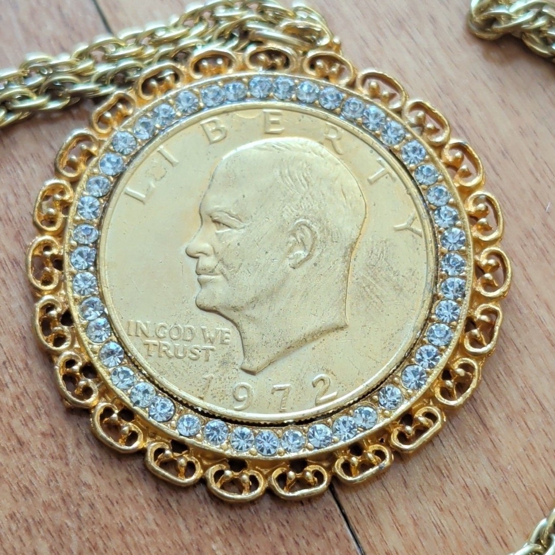Eisenhower Dollar 1972 Gold Plated Pendant Necklace Vintage Chain