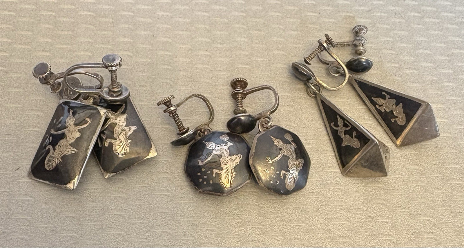 Vintage Siam Sterling Silver Niello Enamel Screw Back Earrings Dangle Drop LOT 3