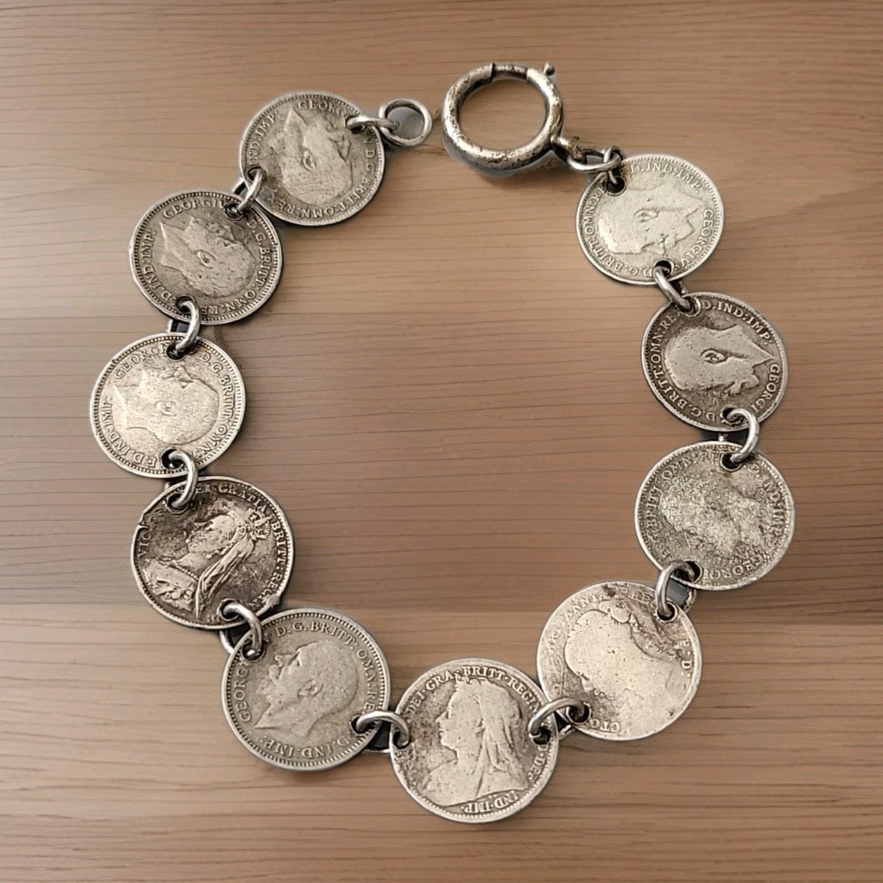 VTG Great Britain 3Pence 10Coin 8.5″ Sterling Victoria George Bracelet 1882-1934