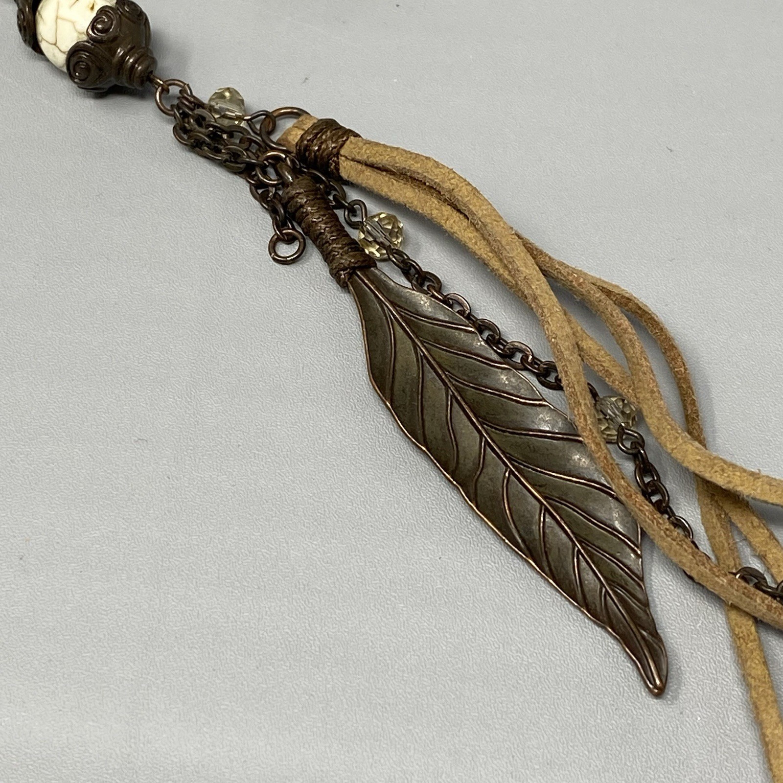 Bohemian Tassel Pendant Necklace Designer Assorted Gemstones Brown Chain 36″