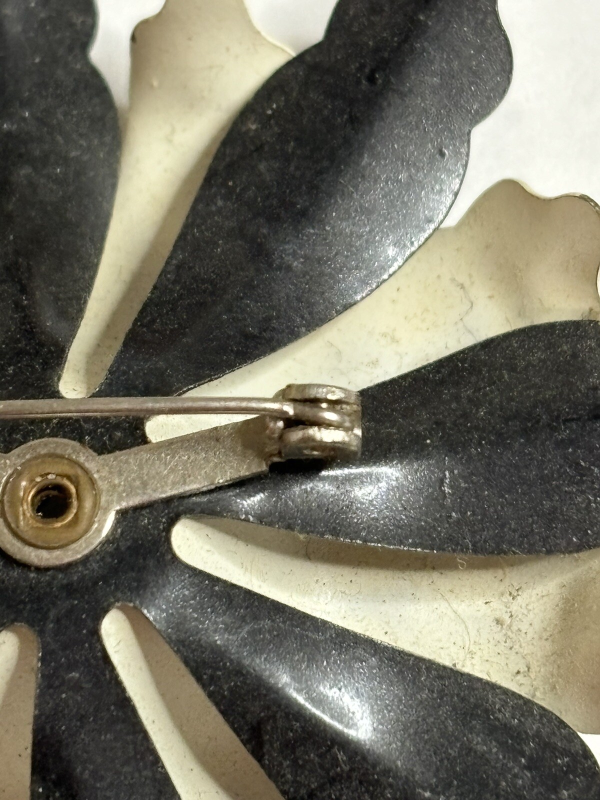 Vintage Large Enamel Black And White Flower Brooch Pin