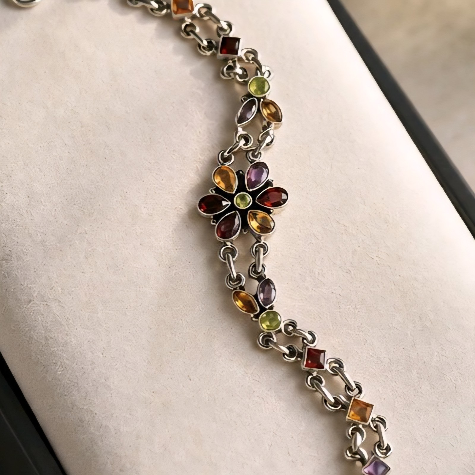 Sterling Silver Bracelet Flower Multi Gemstone Amethyst Peridot Citrine Garnet