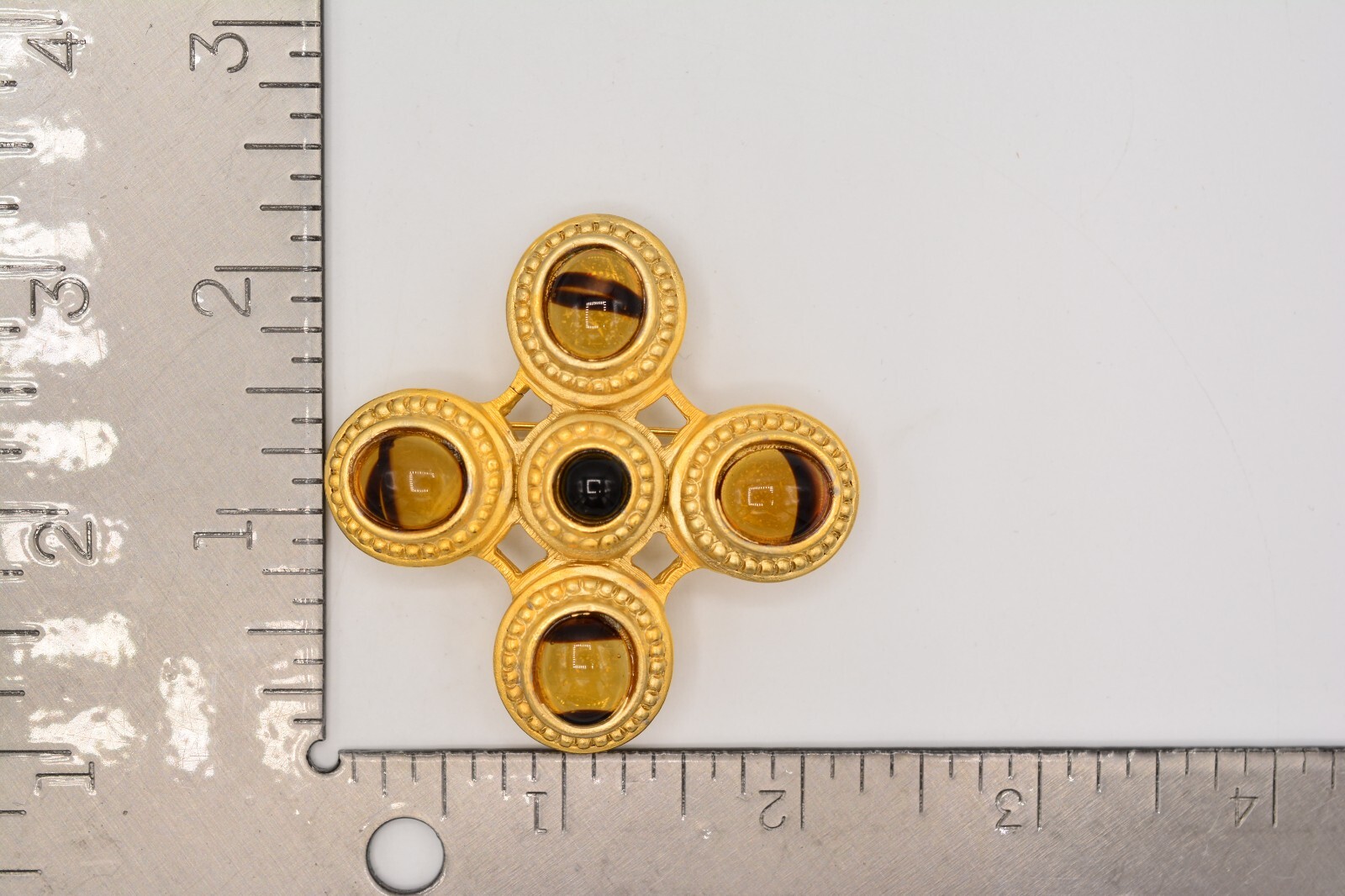 Danecraft Vintage Maltese Cross Cabochon Pin Brooch Brushed Gold Signed BinA18