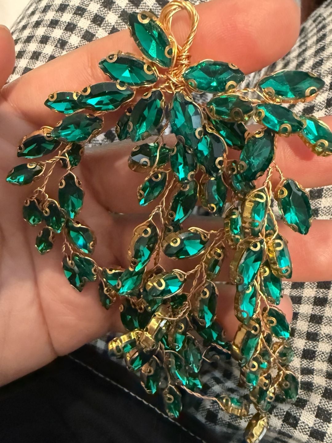 Gold-Tone Emerald Green Marquise Rhinestone w/loop for hook/decor